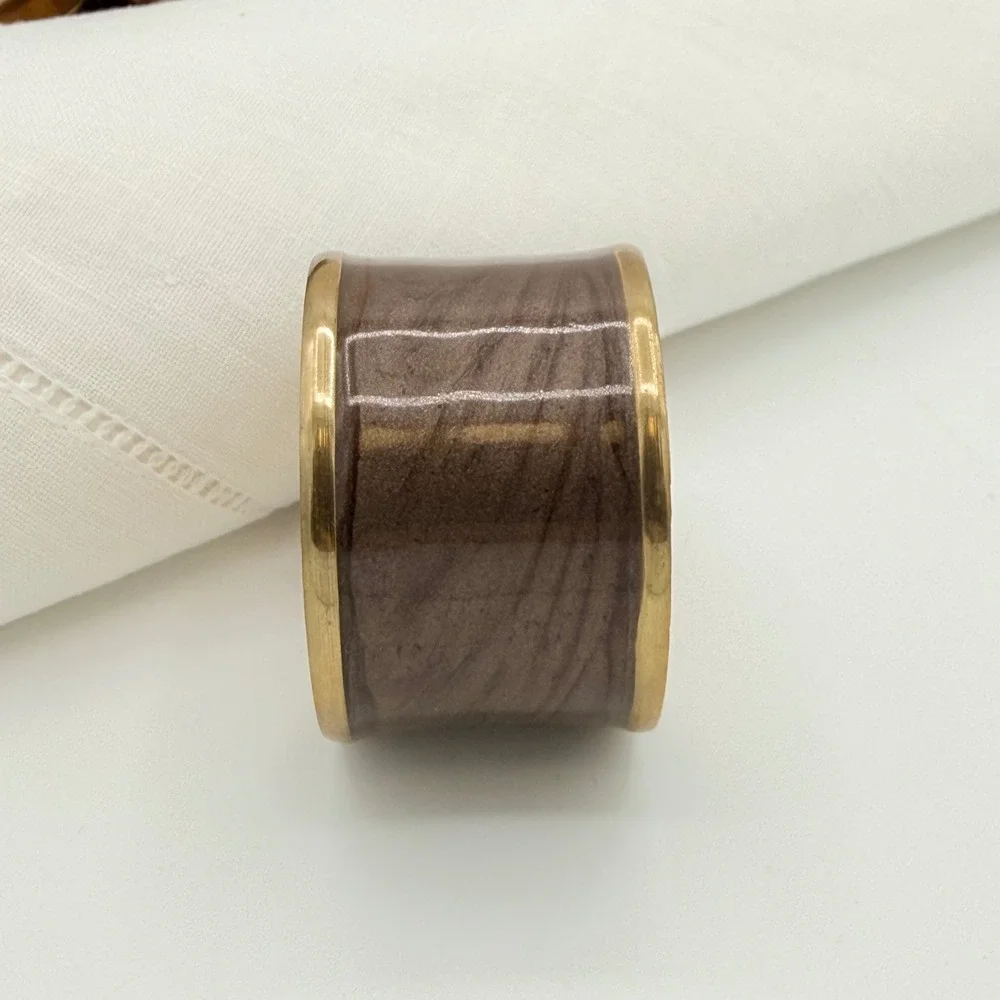 Vintage Brass & Marbled Enamel Napkin Rings Set of 8 Taupe Brown